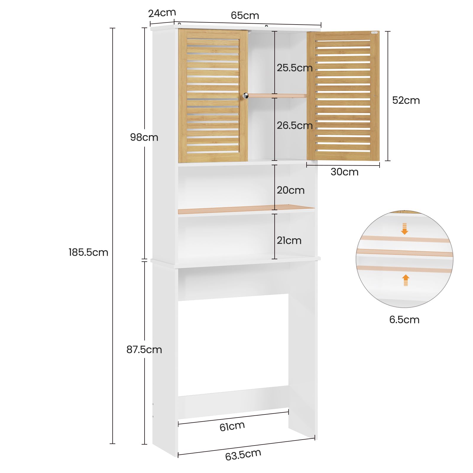 Waschmaschinenschrank,Hochschrank, Toilettenregal mit Schrank, 2 offene Fächer, Verstellbare Ablagen, Badezimmerregal mit 2 Bambustüren über Waschmaschine/Toilette 185.5×65×24cm