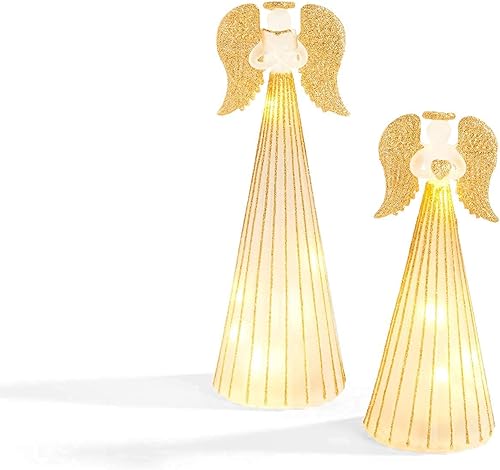 Miniatura 2 de Figuras de ángel de Navidad iluminadas con alas de purpurina doradas, juego de 2, baterías incluidas, 6 pulgadas y 8 pulgadas de alto, luces LED en