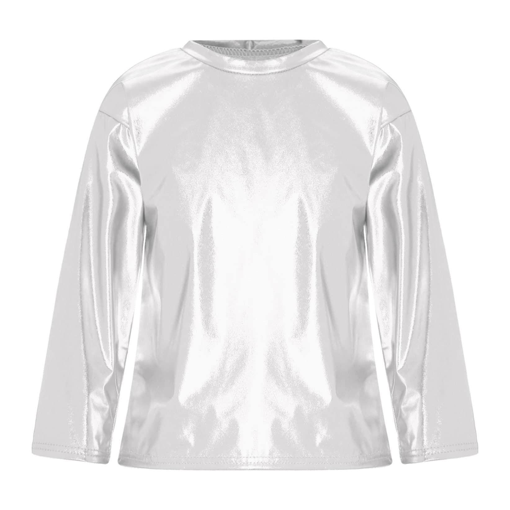 TTAO Kids Active Long Sleeve T Shirts Metallic Sports Tops Shiny Pullover Jazz Street Dance Shirts Silver 7-8 Years