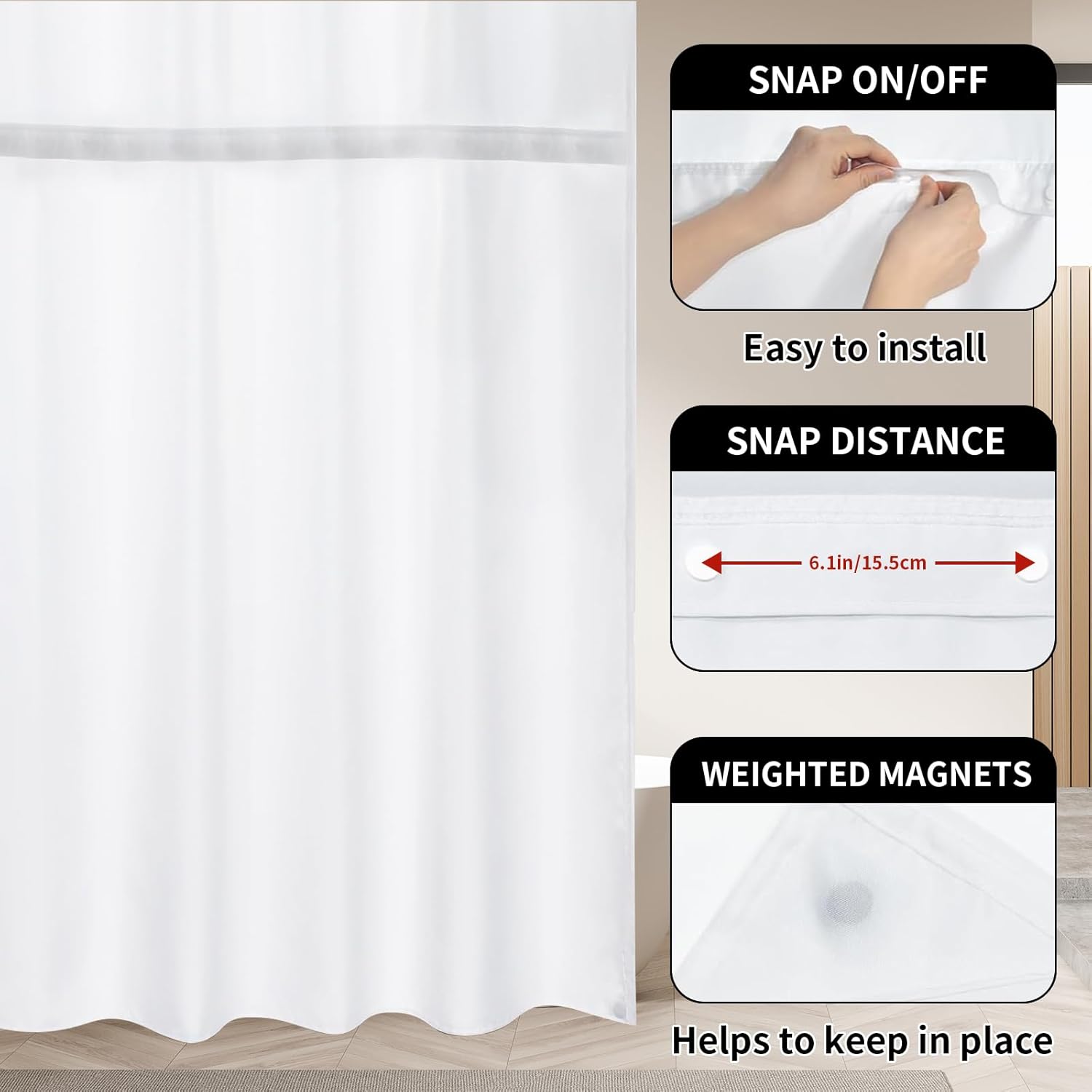 No Hook Shower Curtain Black Geometric Shower Curtains with Snap in Liner Set Waterproof Polyester Shower Curtains Checkered Vintage Hookless Shower Curtain for Bathroom Tub, 72" X 75"