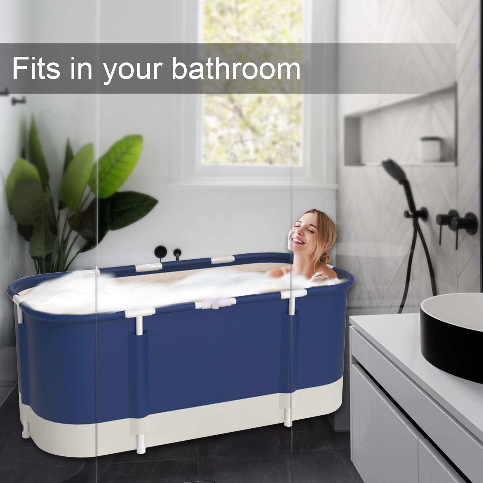 Vasca da bagno portatile, vasca da bagno pieghevole da 115cm, vasca da bagno addensata a 7 strati con supporto in metallo, SPA (Blu e bianco)