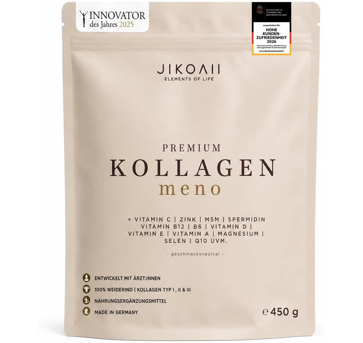 Kollagen Pulver Meno, Vitamin C, Typ I II III, 450 g, Neutral | Collagen Peptide Typ I II III aus Weiderind, Frauen in Wechseljahren, Beauty-Routinen, neutraler Geschmack, Made in Germany