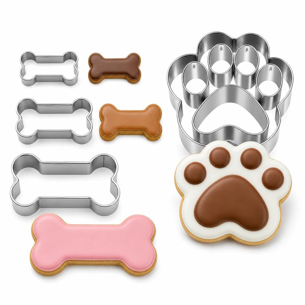 4 Piece Dog Cookie Cutter Set, Stainless Steel Paw and Bone Biscuit Molds for Baking Homemade Treats, Heavy Duty Puppy Snack Shapes for DIY Fondant and Pastry, 3 Sizes Bone with 1 Paw Shape