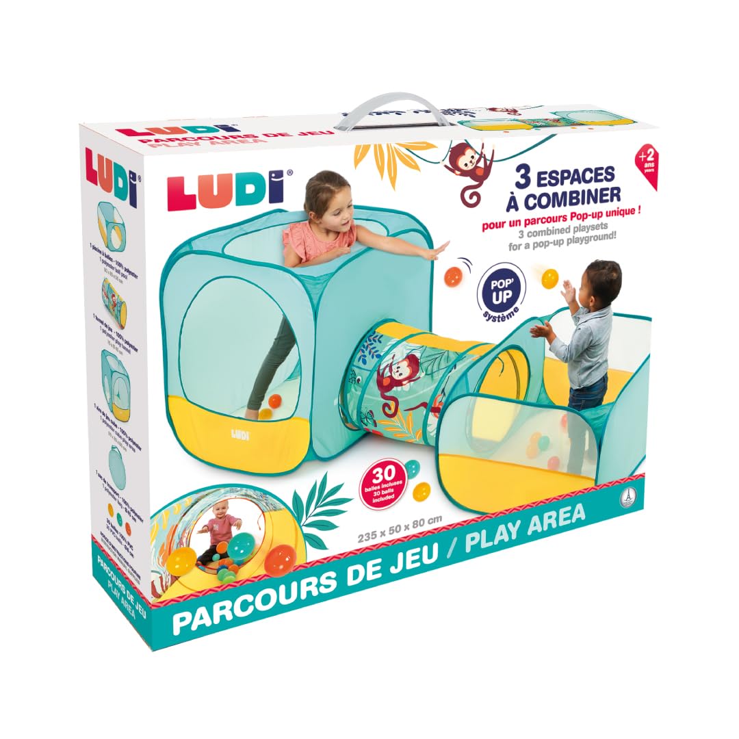 Ludi - Parcours de Jeu Pop-up Jungle - Cube, Tunnel & Aire à Balles - 3 Espaces Amusants - 30 Balles Incluses - Léger et Portable avec Sac de Transport - Stimule Motricité et Imagination