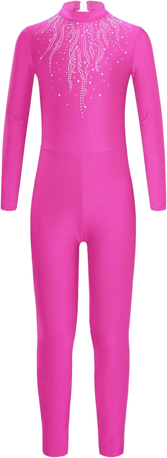 Agoky Kids Girls Long Sleeve Unitard Gymnastics Dance Leotard Sparkle Gym Spandex Bodysuit Full Body Catsuit