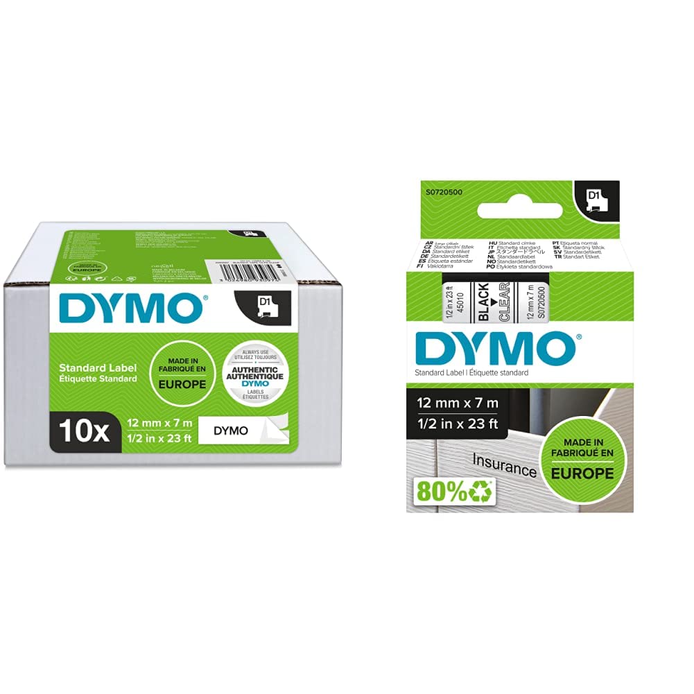 DYMO Original D1-Etikettenband | schwarz auf weiß | 12 mm x 7 m | selbstklebendes Schriftband | 10 Etikettenkassetten & Original D1-Etikettenband | schwarz auf transparent | 12 mm x 7 m