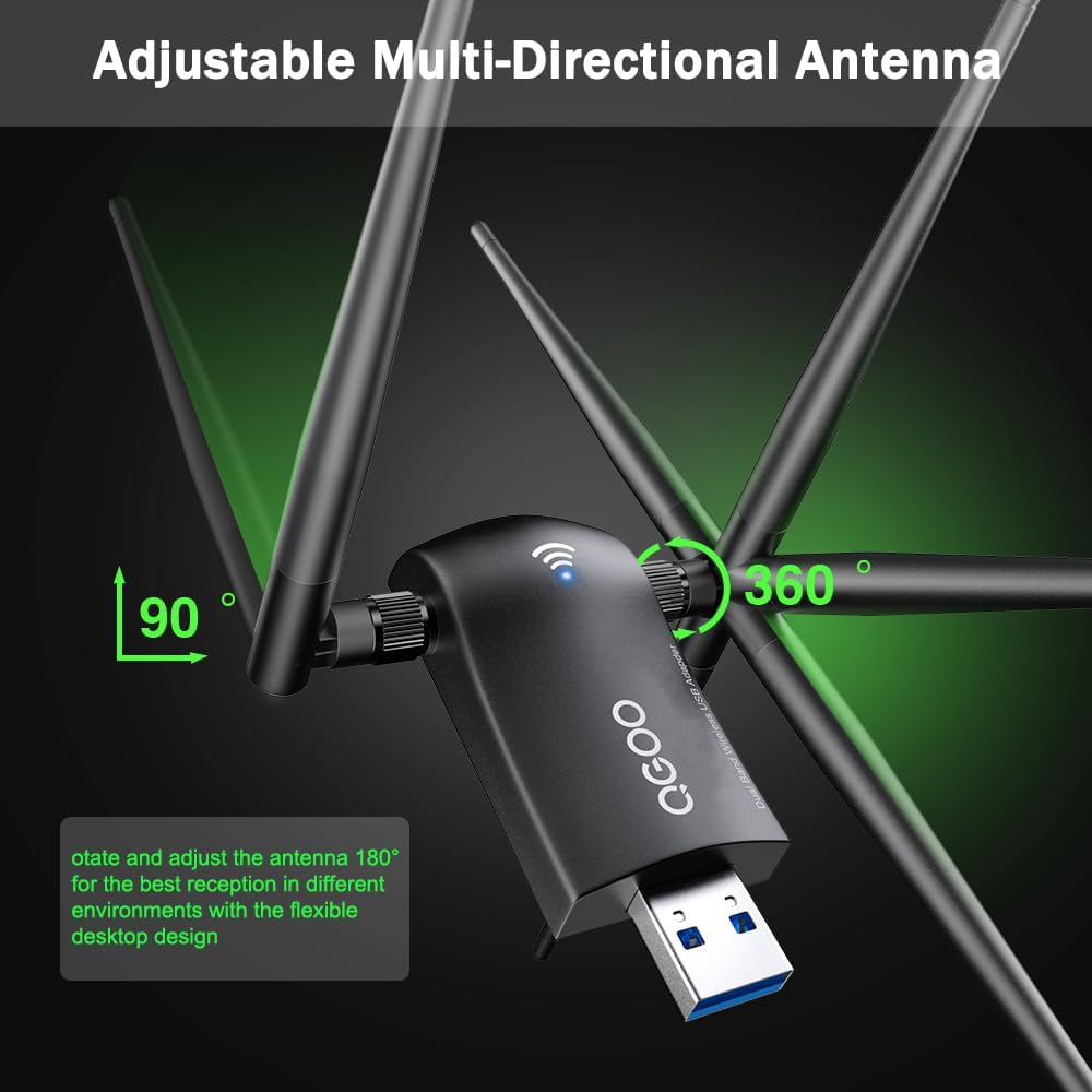 QGOO AX1800 WiFi 6 USB Adapter with antennas shown adjusting at 90 and 360 degrees.