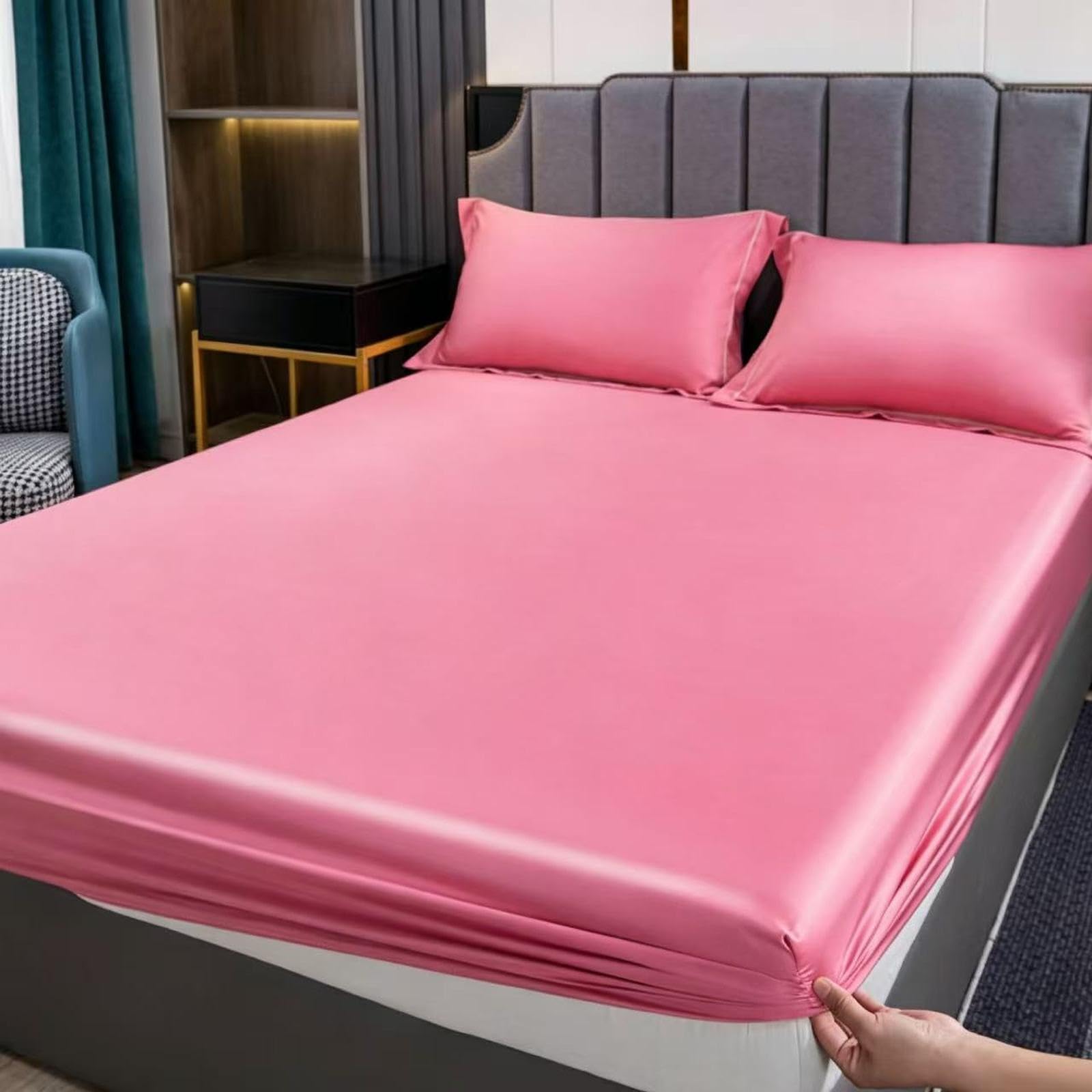 JIANINGHOME Family Bedding 150x200,Silk Satin Fitted Sheet, King Size Fitted Sheets Only, Deep Pocket Fitted Sheet Only, Breathable, Non- Fading