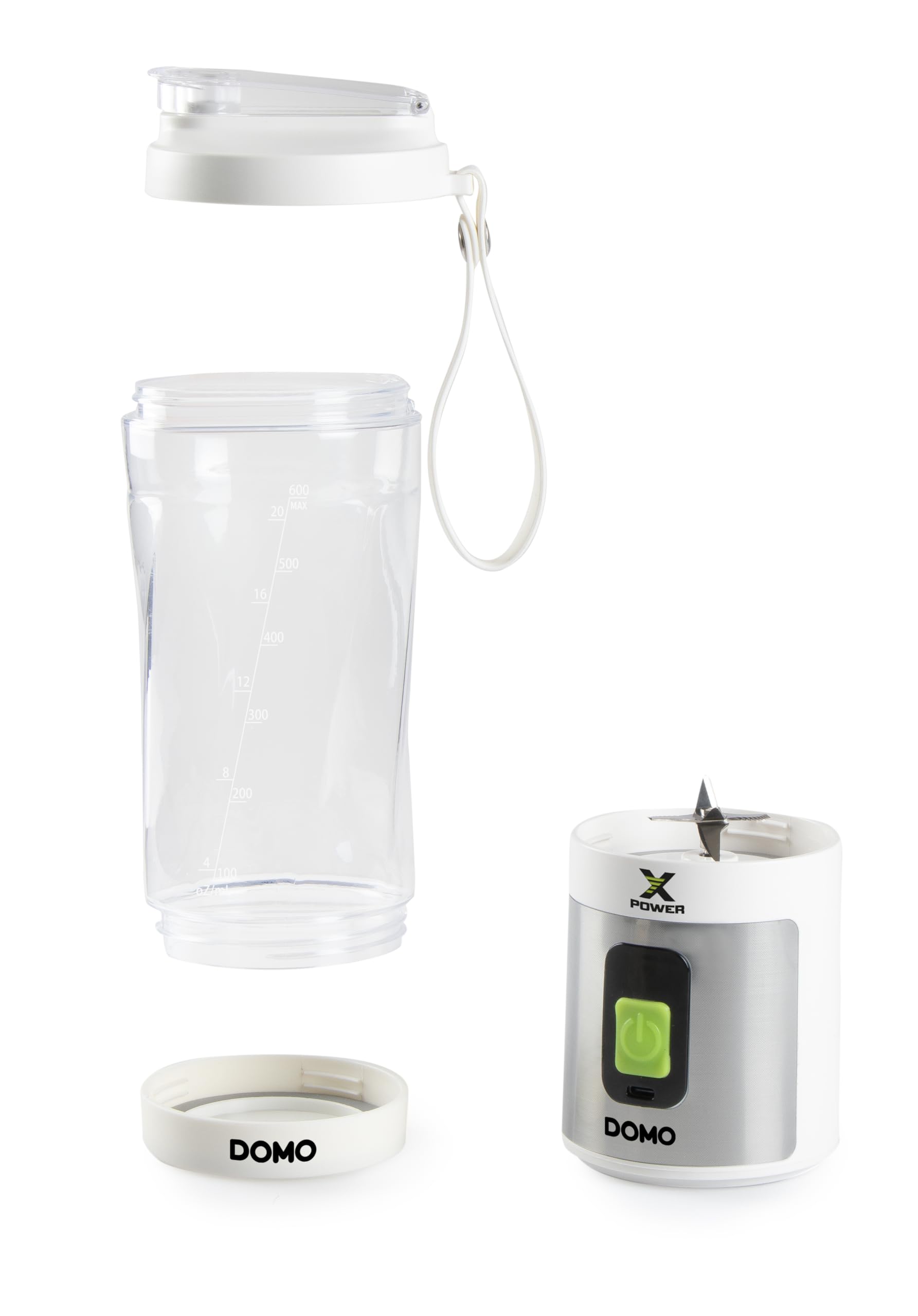 DOMO DO752BL - Mini mixer portatile Powerful con bottiglia in Tritan, 120 W, ricarica USB-C da 600 ml, colore: argento/bianco