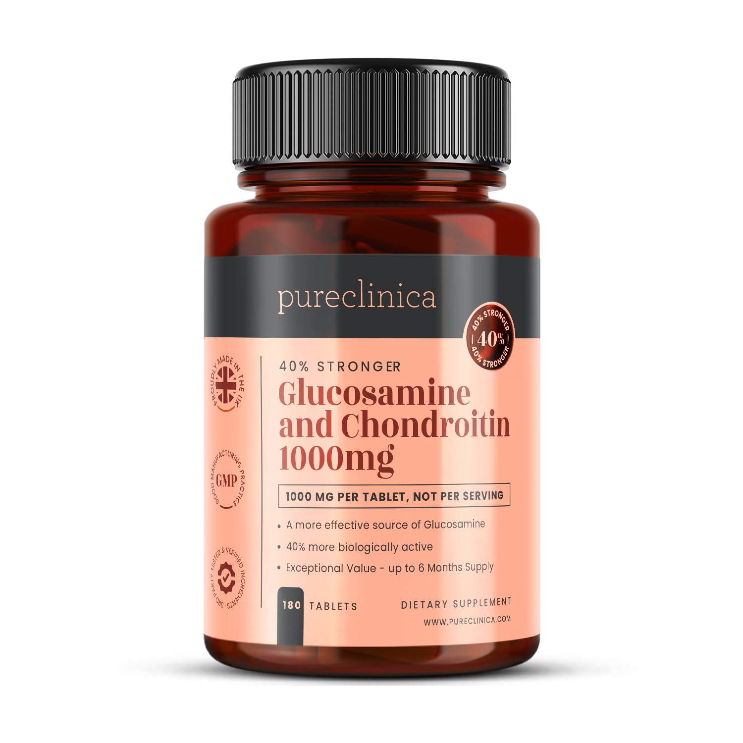 Pureclinica Glucosamine HCL & Chondroïtine (1000mg x 180 comprimés - 3 mois approvisionnement). La plupart effectif et sur le plan biologique actif: chondroïtine 90%, glucosamine HCL 83.1%