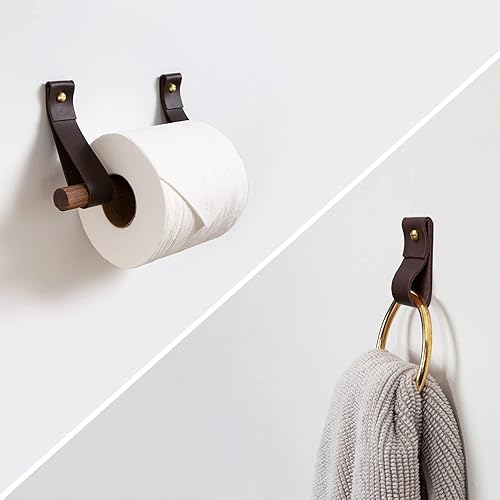 Miniatura 8 de Small Bathroom 2 Piece Fixture Set Leather & Wood Toilet Paper Holder Black Hand Towel Ring hook wall strap modern minimal half bath design