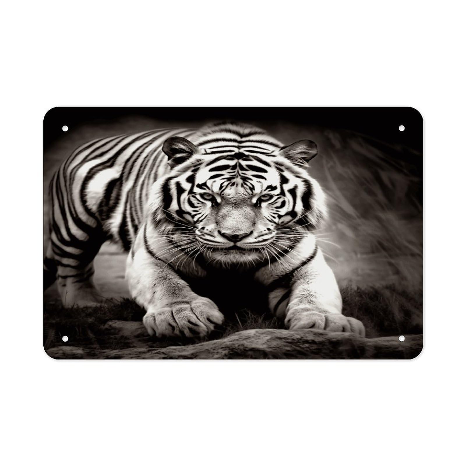 Black And White Tiger Metal Tin Sign 12"x8" Wall Art Prints Poster Decorative Picture Metal Signboard Decor Painting Folded Edge Iron Sheet Painting with Holes for Wall Decor