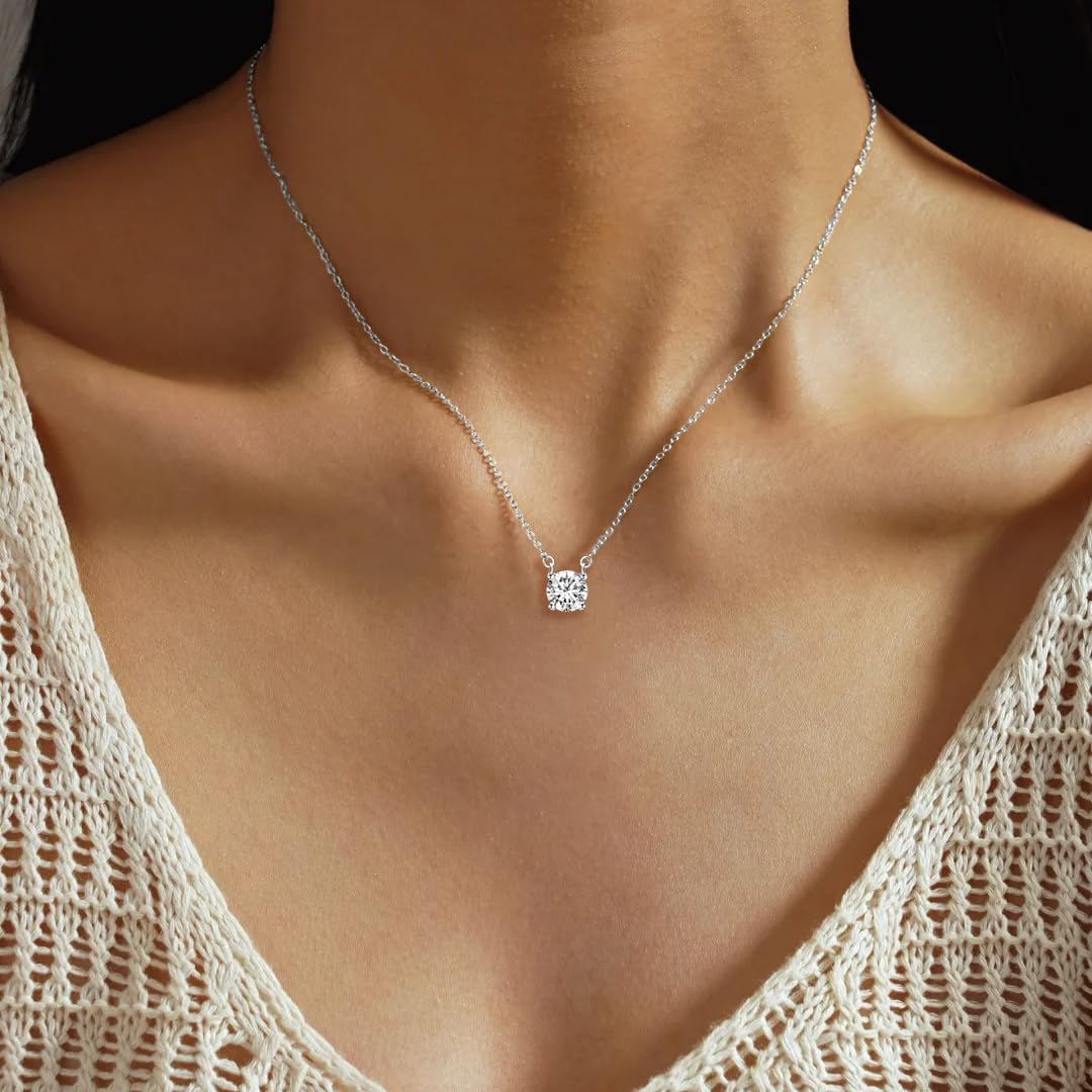 Collar colgante de diamante para mujer: collares de plata 925 con 2 quilates de moissanita - 8mm solitario redondo de color D claridad VVS1 con certificado GRA - joyas de boda y fiesta