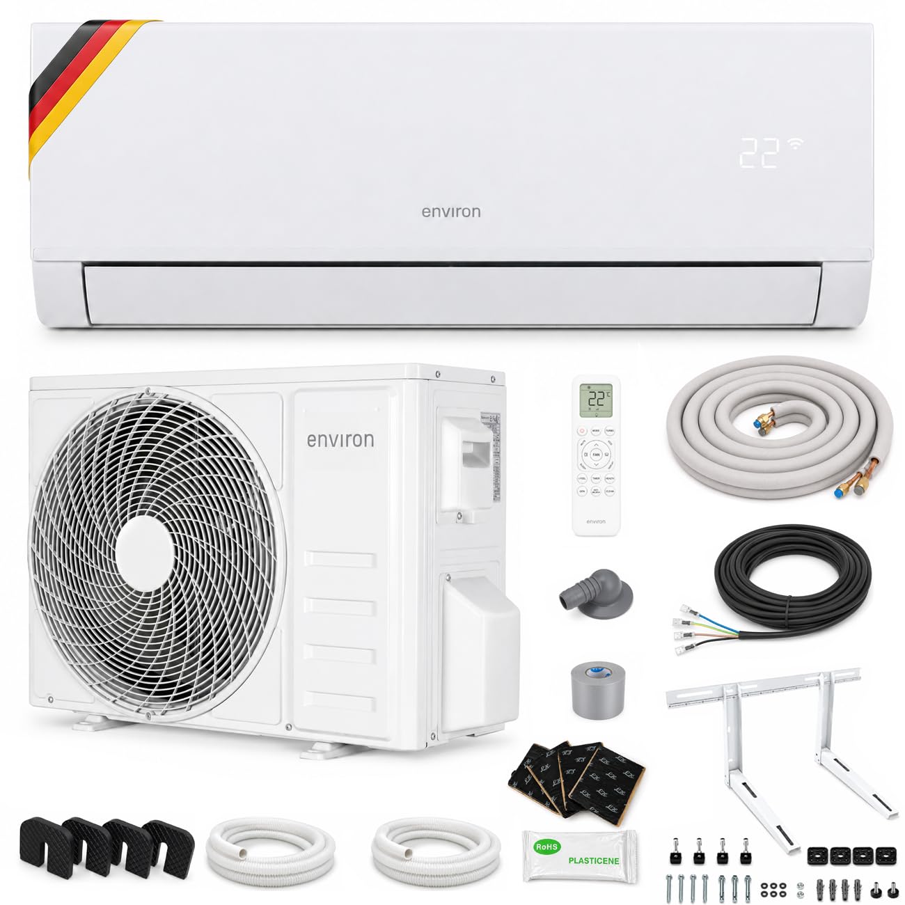 ENVIRON® Condizionatore split A+++, funzione WiFi/app, 19 dB, più silenzioso del tuo respiro, evaporatore e condensatore placcati in oro (con supporto da parete, 9.000 BTU (2,6 kW))