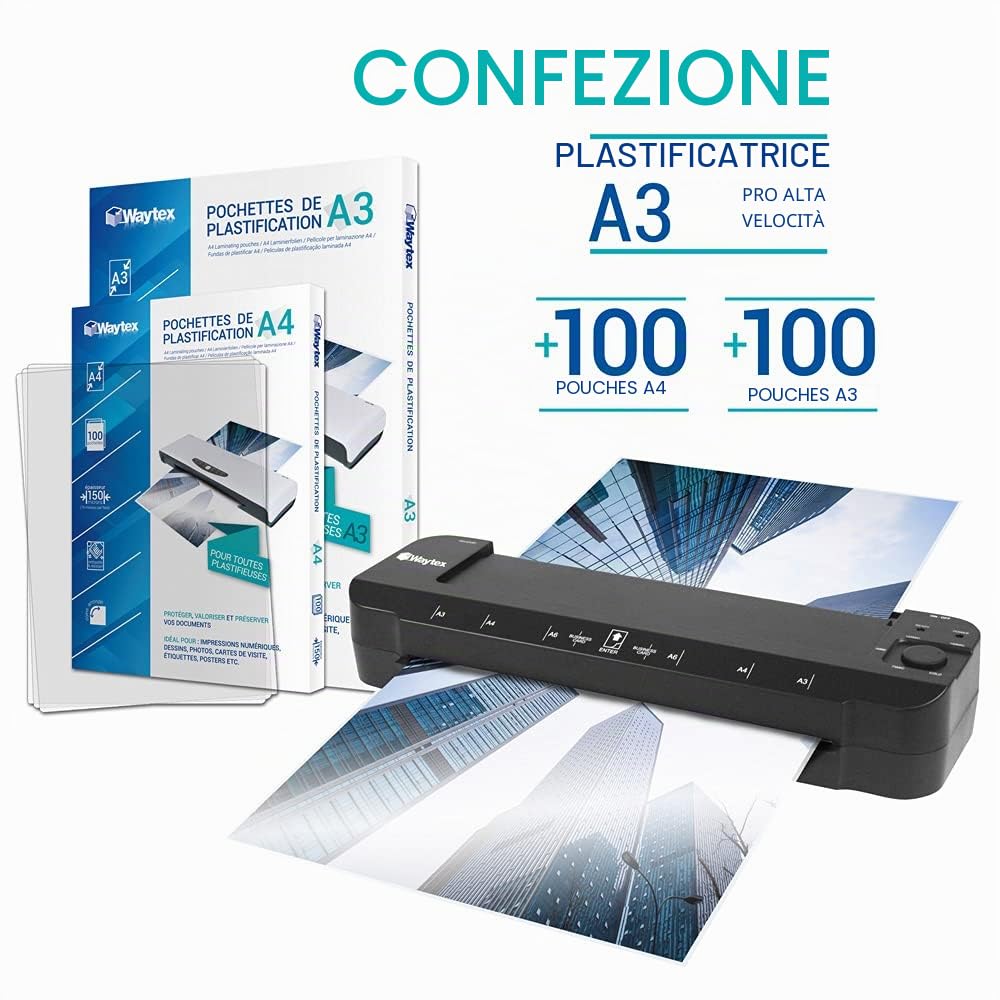 Waytex A78217P73 Plastificatrice A3, A4, A5, A6, A7 Pro, fino a 2 x 150 micron, temperatura regolabile per uso professionale, confezione con 100 buste A4 + 100 buste A3