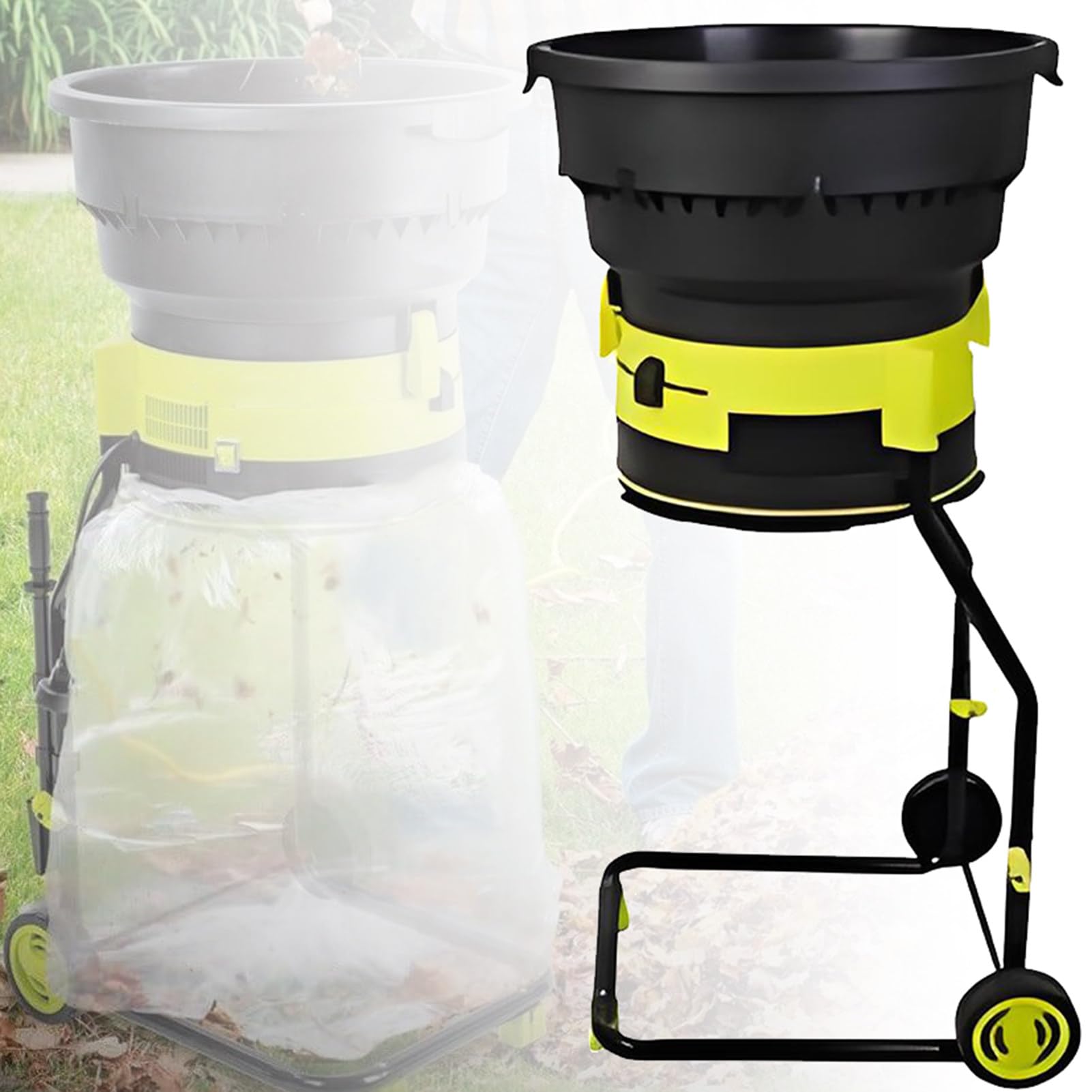 Trituradora eléctrica de jardín con ruedas grandes y tolva, tamaño de trituración ajustable para hojas en mantillo rico en nutrientes