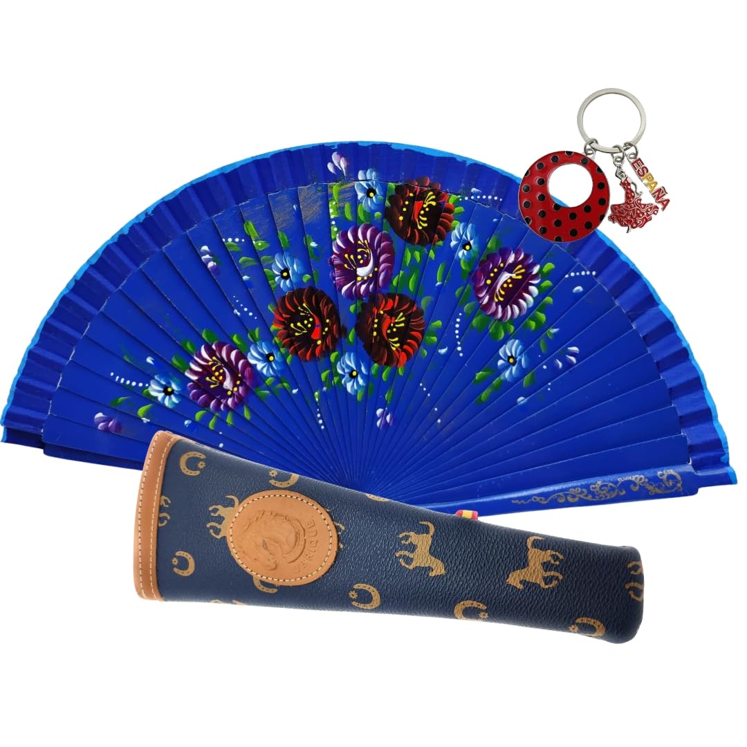 Ventaglio in legno con fiori dipinti a mano. Include una custodia artigianale realizzata in Spagna per proteggere il ventaglio. Magnete regalo con disegno di costumi spagnoli