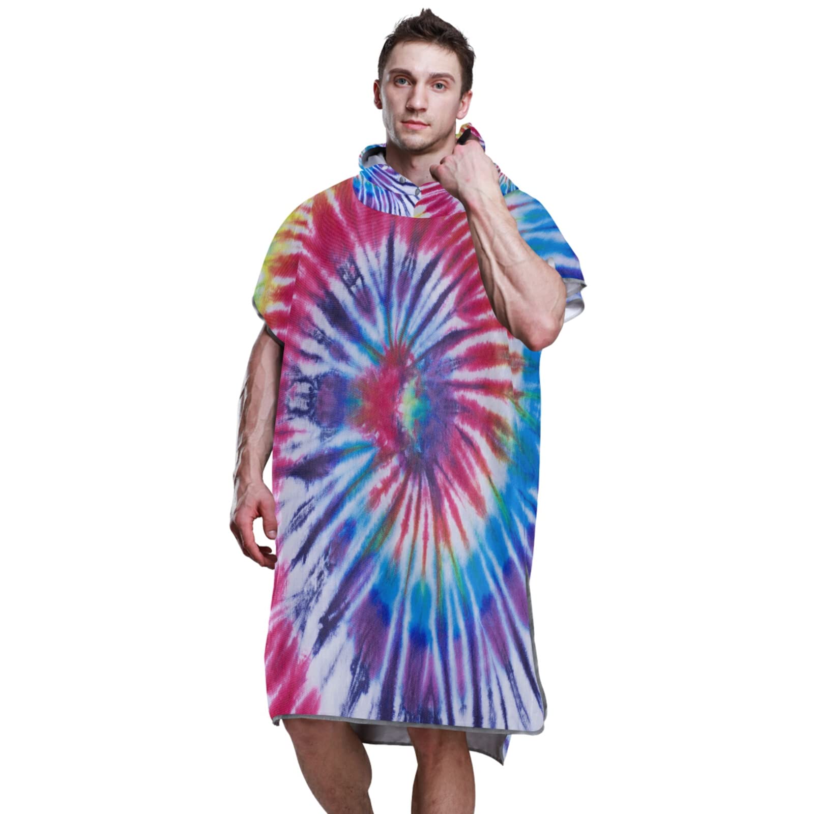 Hippie-Poncho mit Kapuze und Tasche, schnelltrocknender Bademantel, Mikrofaser-Handtuch, Neoprenanzug für Bad, Strand, Outdoor, Regenbogenfarben, Batikfärbung, Gelb, Rosa, Lila, Blau, Hippie-Poncho