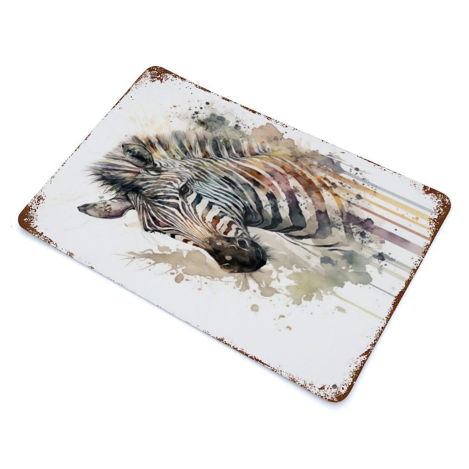 Zebra Watercolor Aged Metal Wall Plaque 11.8"x7.9", for Living Room, Hallway And Home Decor, Shabby Chic Decor