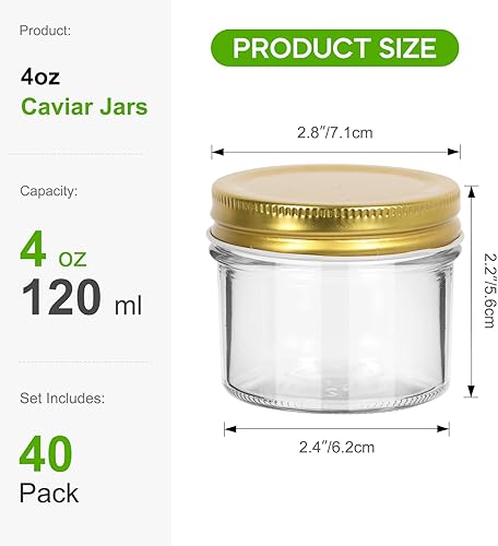 Miniatura 2 de EkkoVla Paquete de 40 tarros de vidrio de 4 onzas con tapas doradas, mini tarro de boca regular, tarros de conservas para miel, mermelada, gelatina,