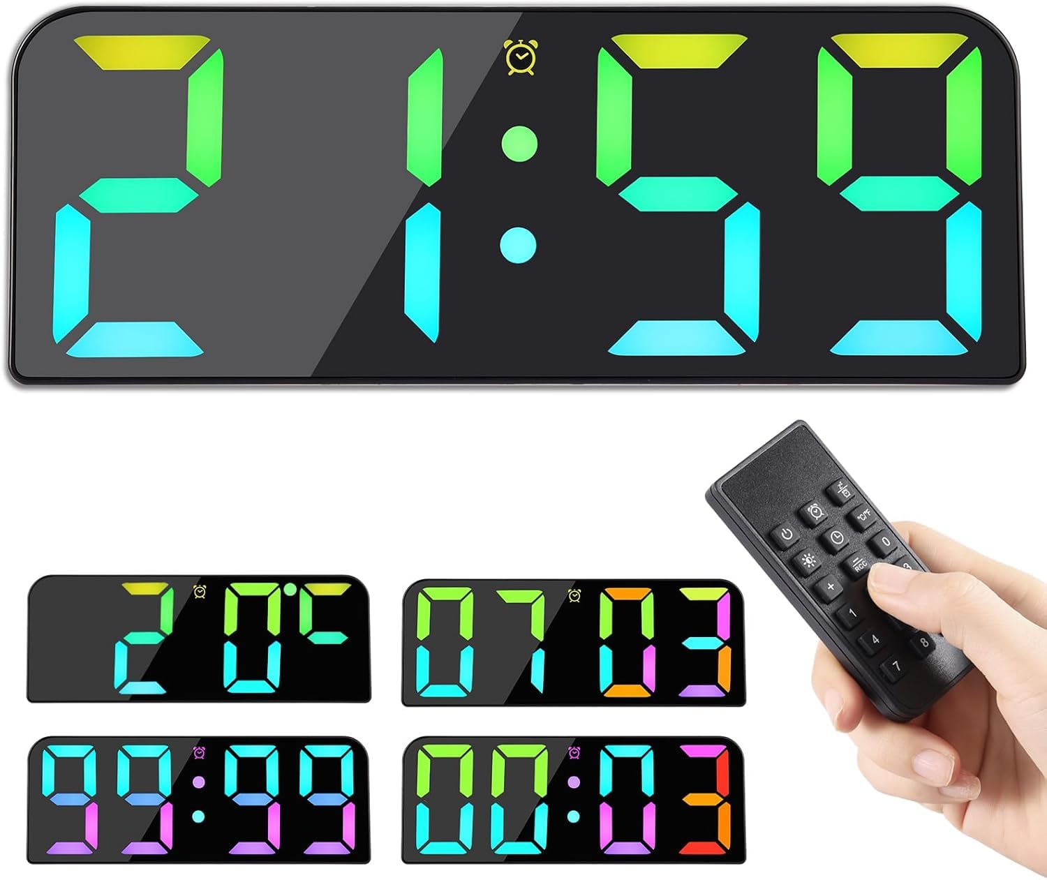 Koolertron Orologio da Parete Digitale Mini con Telecomando, 9.5" Moderni Orologio Sveglia Digitale con 8 Stili colori LED Display, 3 Allarme,Conteggio su/Giù,Ora,Data,Temperatura per Casa Cucina