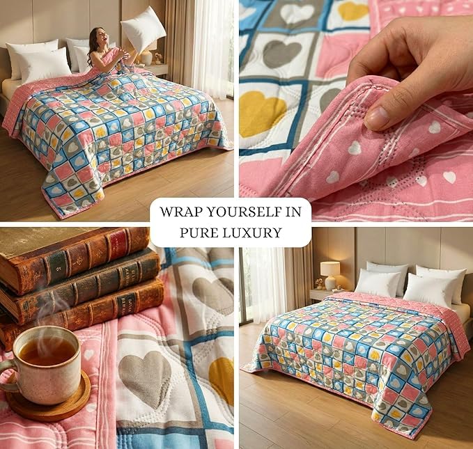 Image of Dohar Single | Double Bed Polycotton Blankets for Summer 90x100inch, 150GSM Ac Comforter and Cooling for Summer Classic Printed Design Quilt Ideal for Gifting (Heart, Double)