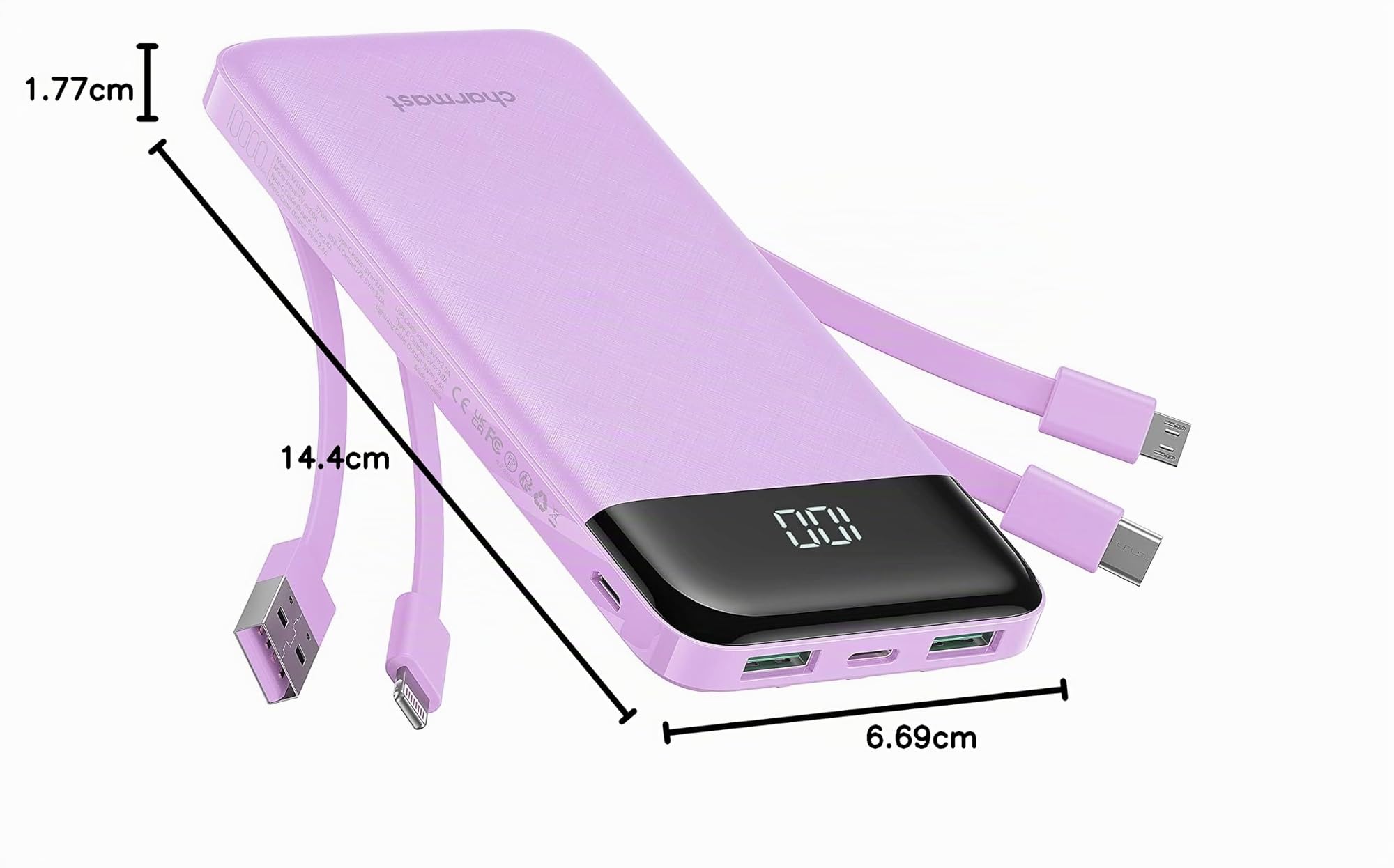 Charmast Batteria esterna 10000mAh con 4 Cavi Integrati Batteria Portatile USB C Sottile Power Bank con 6 Uscite e 3 Ingressi per iPhone 12 13 11 Samsung S21 S22