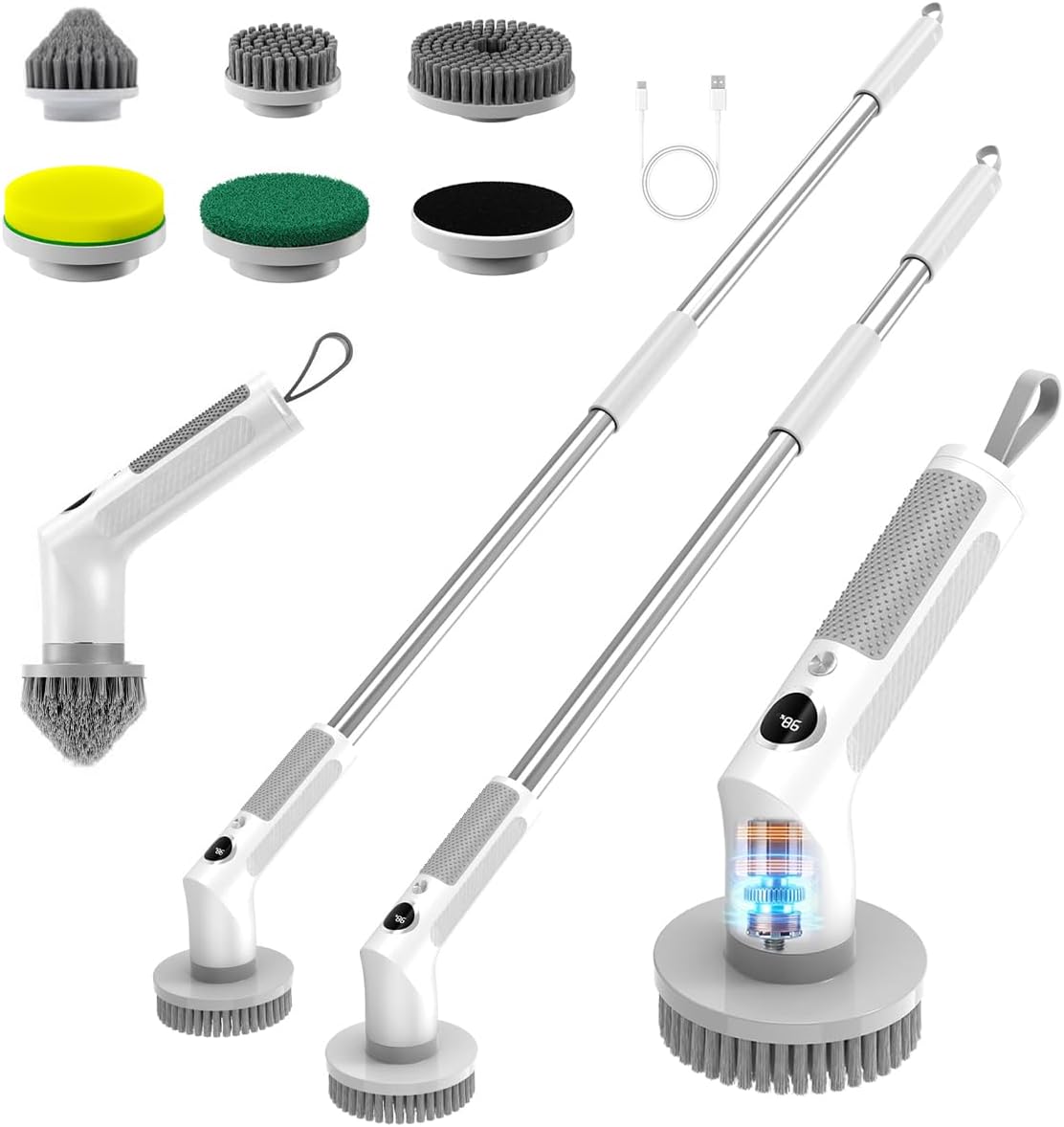 Electric Spin Scrubber, Cordless 20W High-Torque Cleaning Brush Bathroom Scrubber, IPX7 Waterproof Electric Scrubber with 6 Brush Heads, Extendable Long Handle Power Scrubber for Bathtub Floor