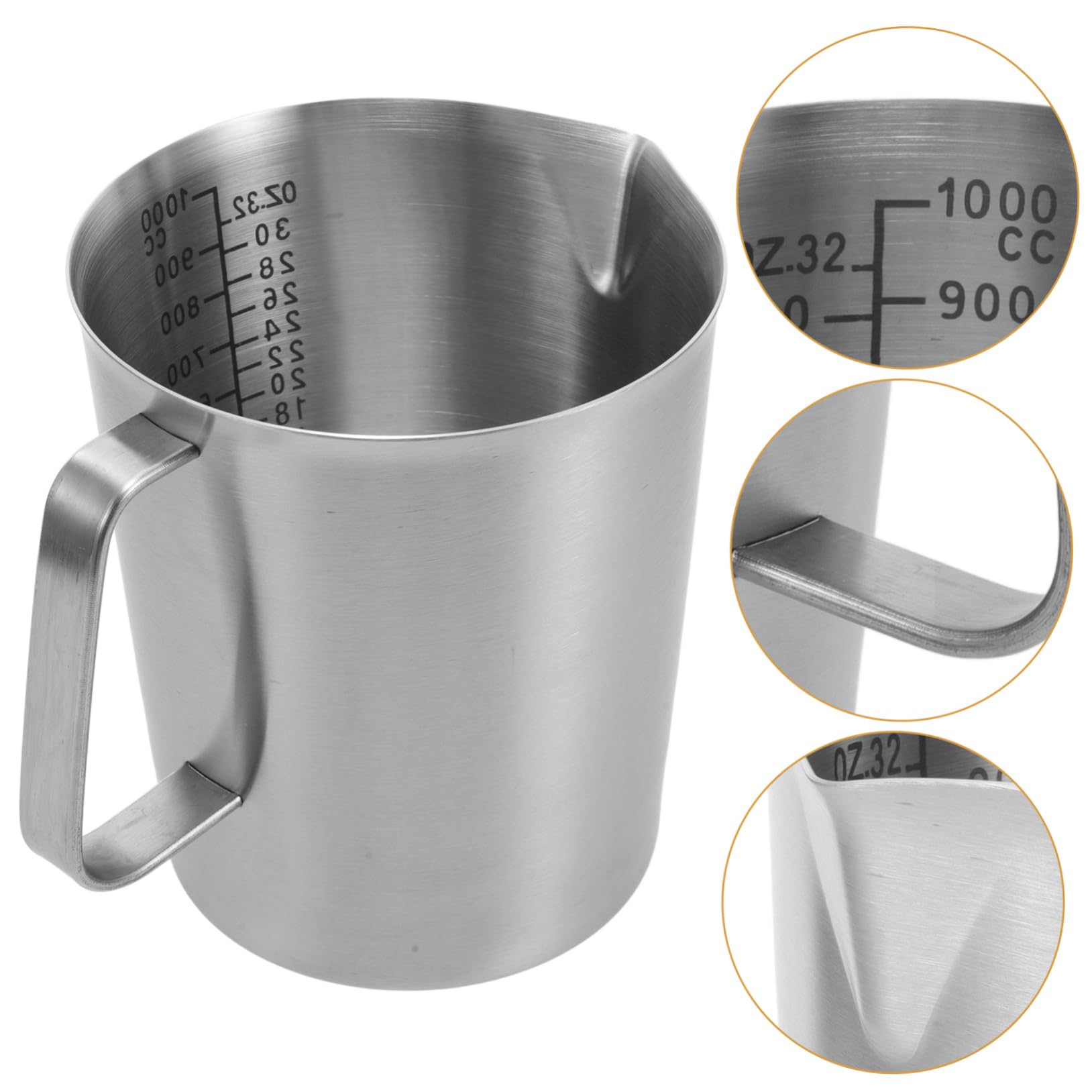 Jarra Medidora de Acero Inoxidable de 1000ml Asa y Vertedor Único para Espumar Leche y Preparar Latte-art Mediciones Precisas