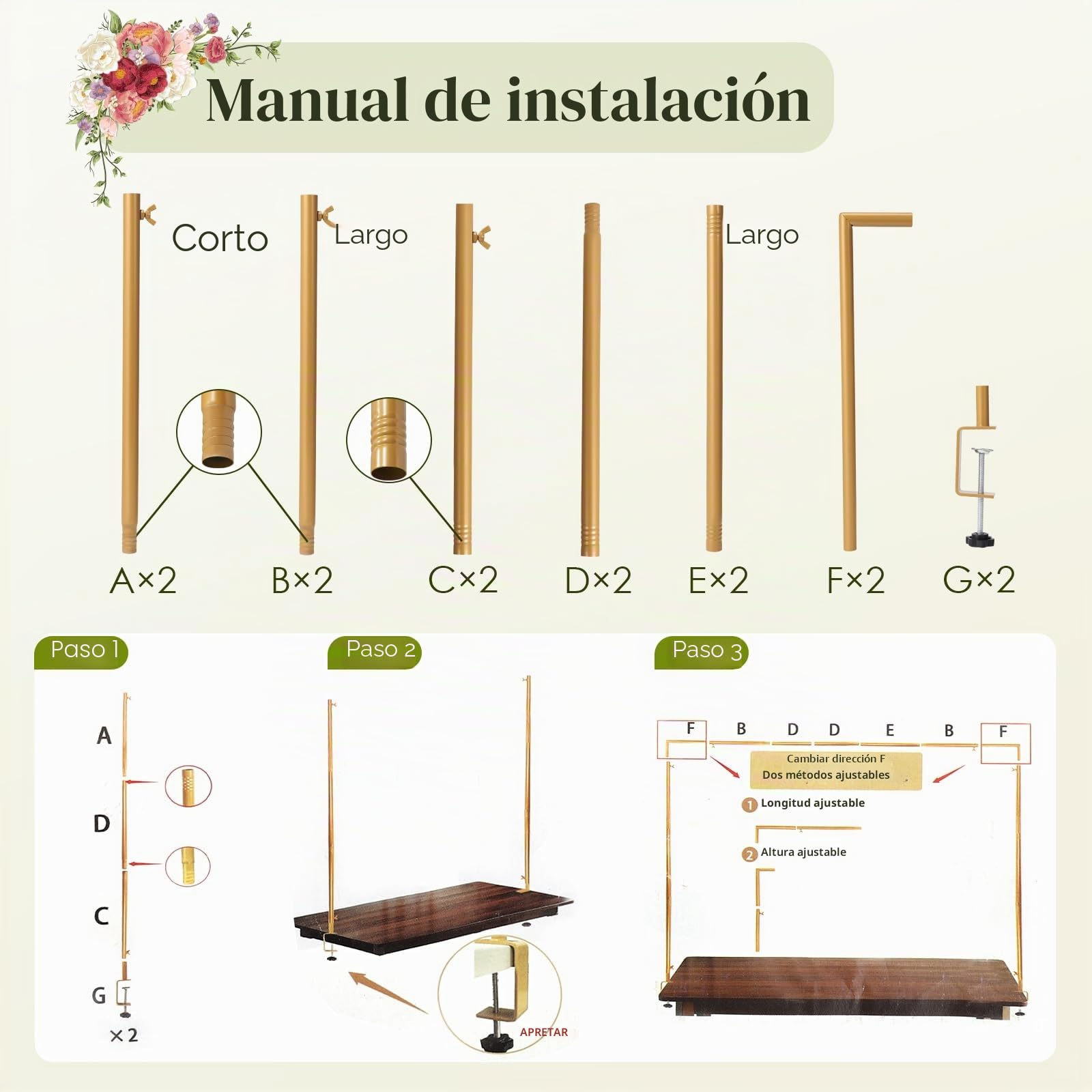 Arco de Mesa Ajustable, Soporte Mesa Decoracion con Clips, 120 cm – 260 cm, Barra Decoracion Mesa de Metal, Arco de Mesa Dorado para Navidad, Boda, Cumpleaños, Decoración de Fiesta