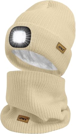 ATNKE LED Lighted Beanie Hat and Scarf Suit,USB Rechargeable 4 LED Run Headlamp Lined Fleece Cap Light for Men and Women