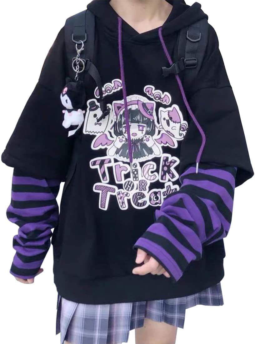 Women's Japanese Cute Kawaii Anime Pattern Jumpers Harajuku Style Sweaters Cute Anime Prints Y2K Shirts - M - blackone
