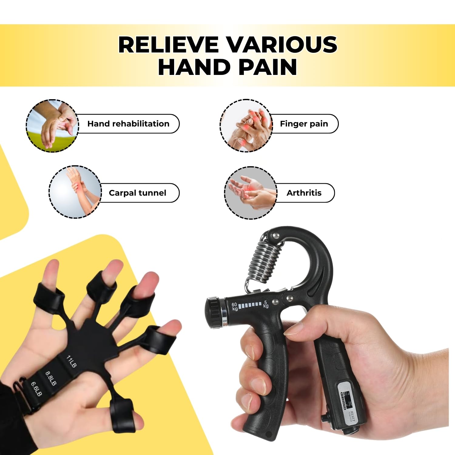 Xyno Adjustable Hand & Finger Gripper Combo with Counter | Resistance Grip Strength Trainer & Finger Exerciser | Forearm, Wrist & Hand Workout Tool for Men & Women | Home Gym Fitness Equipment 1