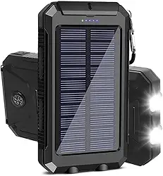 Power Bank Solar Portátil, 10000mAh, Preto, Carregamento Rápido, Bateria Solar com LED, USB Duplo, Resistente à Água IP4, para Smartphones e Dispositivos USB (Preto)