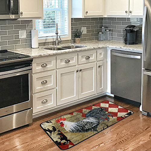 Farmhouse Kitchen Rug, Rooster Kitchen Mat Vintage Cock Area Rug Floor Carpet Non-Slip Door Mat for Kitchen Bedroom Living Room Indoor Home Decor 39x20 inch, Black Red