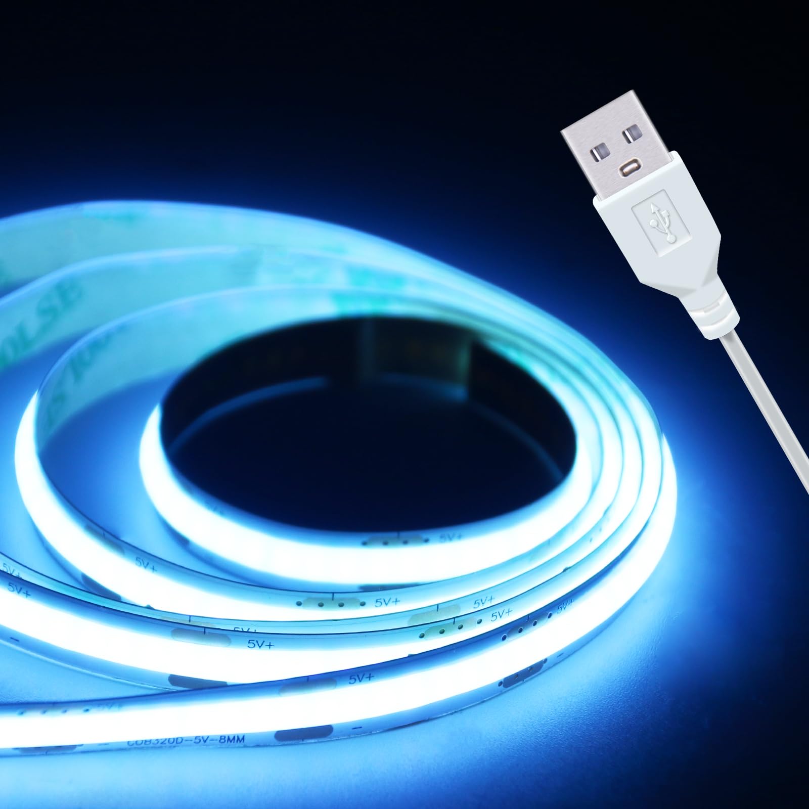 ICE Blue LED Strip Lights 320 LEDs High Brightness Indoor Use Short LED Strip Light Narrow USB Thin Flexible 5V COB Rope Light for DIY Display Cabinet Back Light TV Lights (3.28FT/1M)