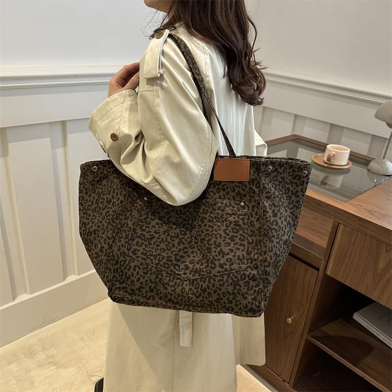Leopard print canvas tote bag for women, casual large capacity tote bag, simple single shoulder crossbody bag - Image 3