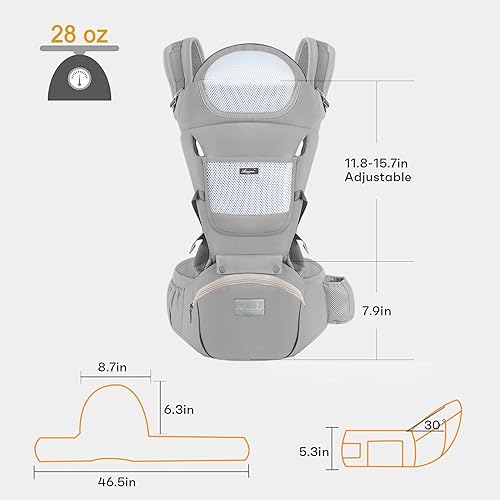 Miniatura 7 de Portabebés para recién nacidos a niños pequeños, con asiento de cadera, portabebés tipo canguro para hombres, mujeres, papá, mamá (gris)
