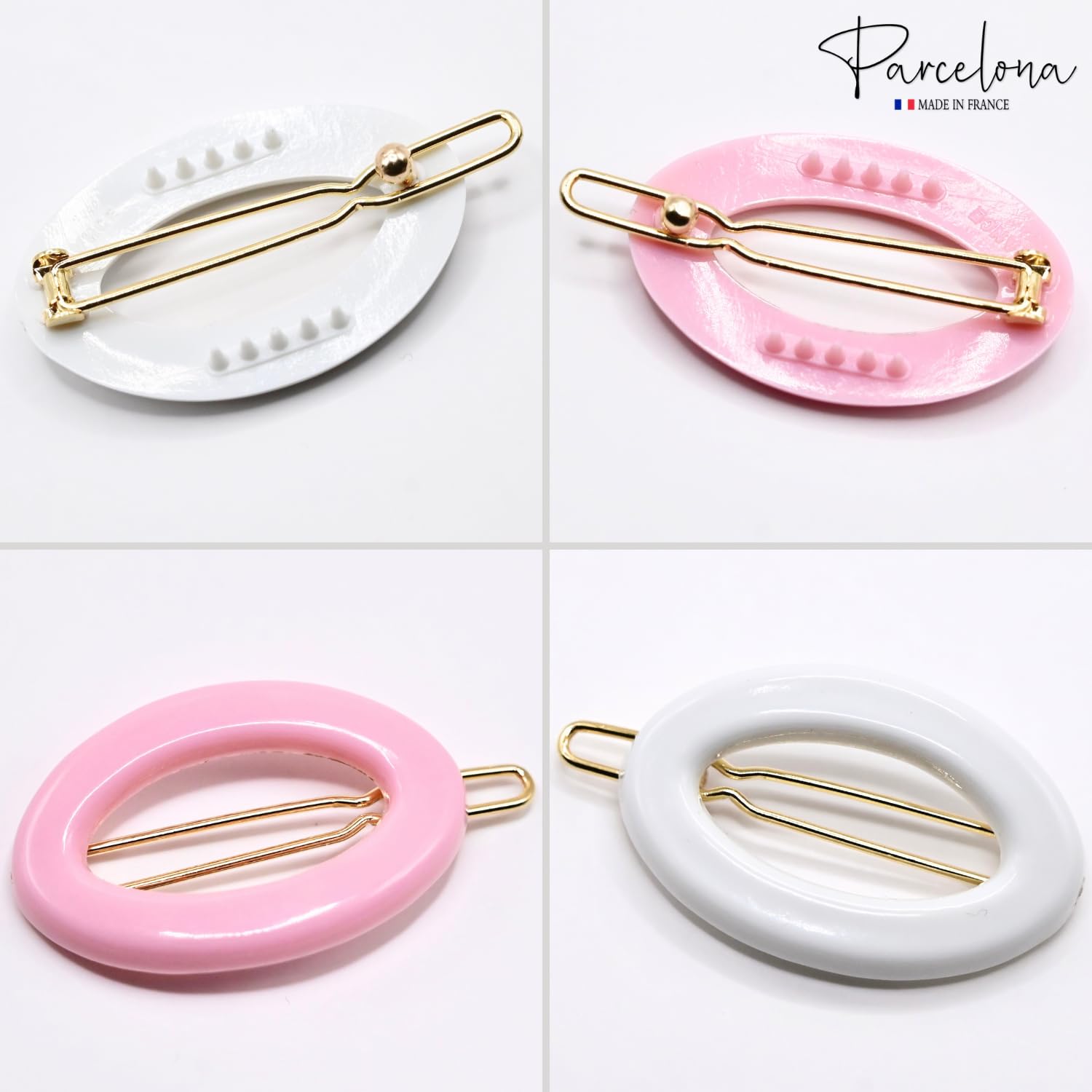 Parcelona French Eggie Oval Pink Solid White Mini Celluloid Acetate Side Slide Barrette Snap on Hair Clips - 4 Pieces - Image 5