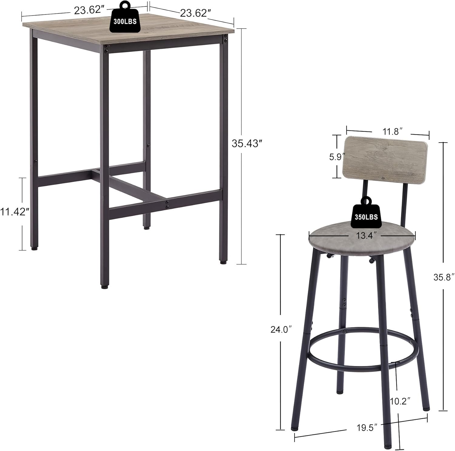 Square Bar Table Set with 2 High Back PU Stools, Industrial Pub Table Counter with 2 Chairs for Bar, Dining Room, Living Room, Party Room (Grey)