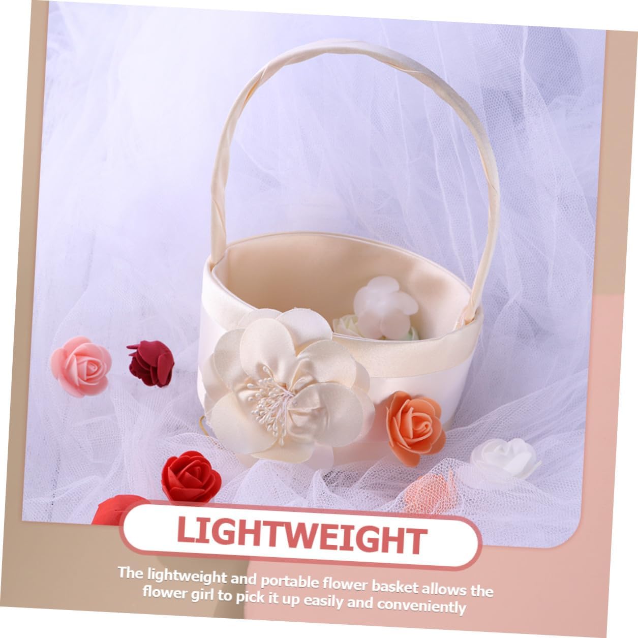 VICASKY Satin Flower Girl Basket 2pcs Wedding Handheld Flower Basket for Petals Bride Ceremony Supplies