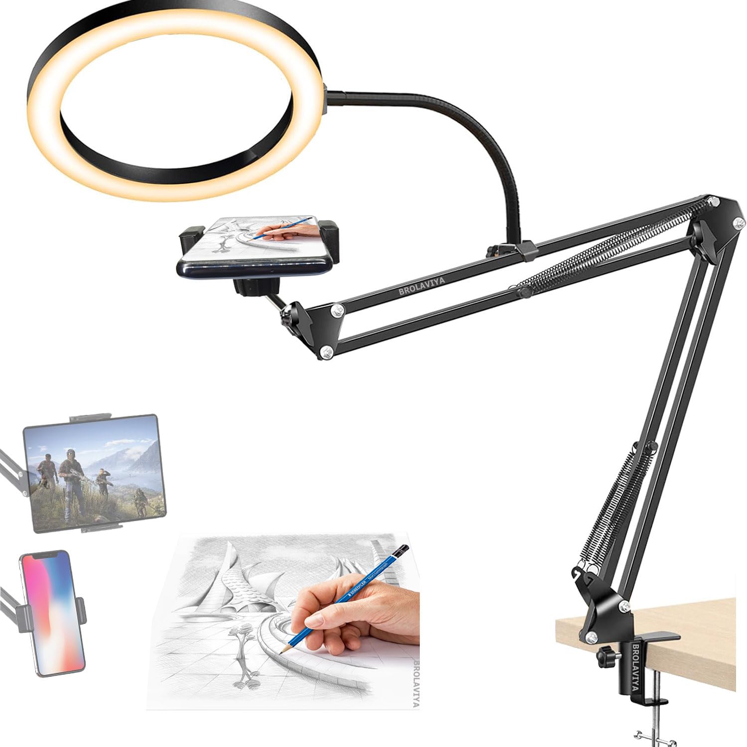 BROLAVIYA Overhead Video Stand with 10-inch Ring Light, Metal arm Body,1/4" Ball Head for Camera,Webcam,Gopro, with Mobile and Tablet Bracket for Overhead Video,Desktop,Bedroom, Office.