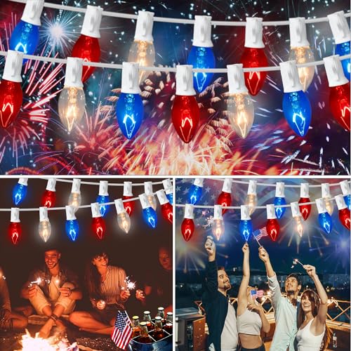 Pasuto 22.8Ft 4Th Of July Red White And Blue Lights, C7 Incandescent Outdoor String Lights With 23 Bulbs(3 Spare) For Memorial Day Independence Day Patio Garden Backyard Bistro Pergola Decorations thumb #3