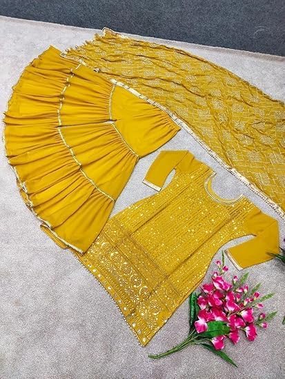 Image of Women's Designer Chinon Silk Sharara Suit Set, Sequence Embroidery Kurti with Tiered Sharara and Dupatta