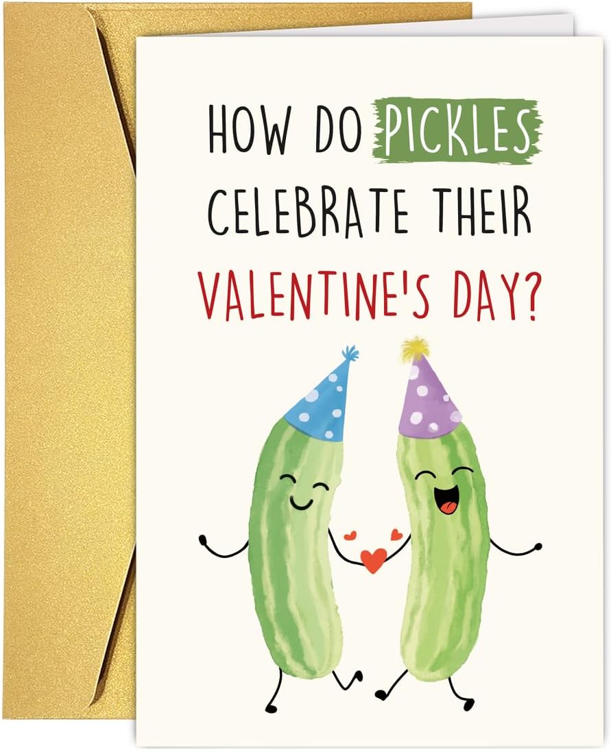 UUEFKTN Funny Pickle Pun Valentines Day Card, Humorous Happy Valentine's Day Card for Boyfriend Girlfriend Bestie Best Friend Son Daughter, Joke Pickle Relish the Moment Valentines Day Cards