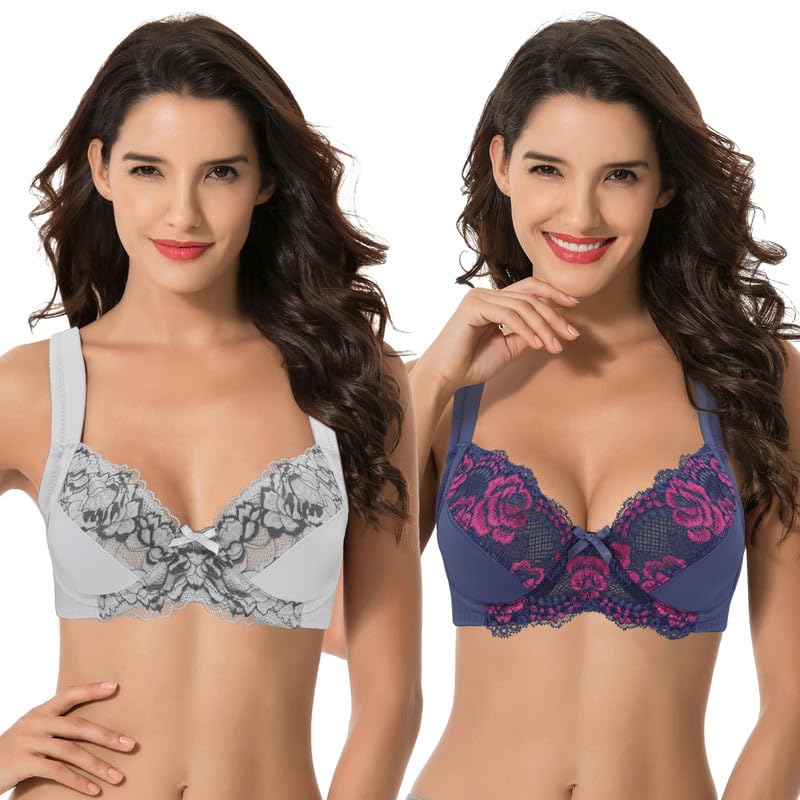 Curve Muse - Reggiseno da Donna Plus Size Unlined Underwire Lace con Cinghie Cushion