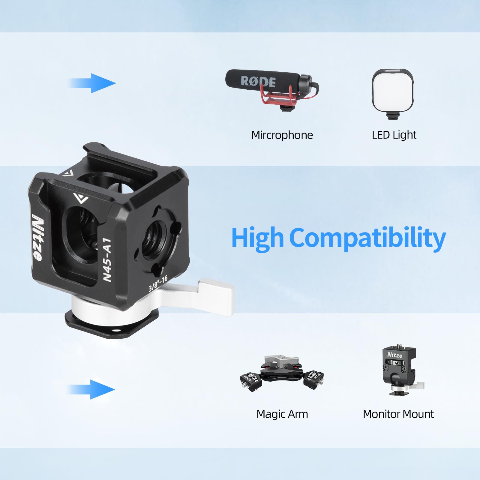 Nitze Triplo Cold Shoe Supporto con 1/4" Threaded Hole, 1/4" and 3/8" ARRI Locating Holes, Quick Release Cold Shoe Mount per Supporto Monitor, Braccio Magico, Luce LED e Microfono - N45-A1