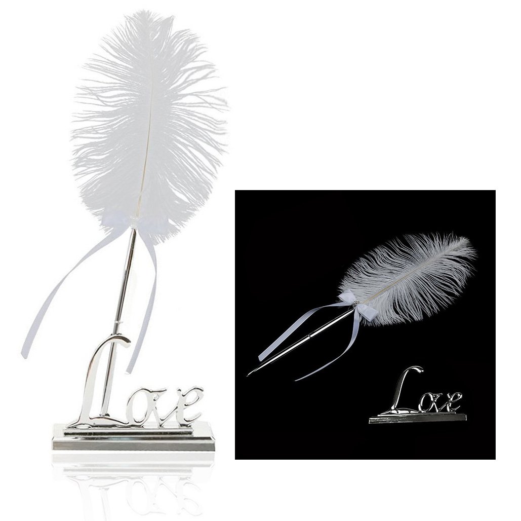 OFKPO Signature-Stift Mit Feder,Kugelschreiber Retro-Kugelschreiber Mit,Weißer Brautaccessoires,Stifthalter Halterung Von Love Dekoration Für Hochzeit Und Empfang Desktop-Zubehör