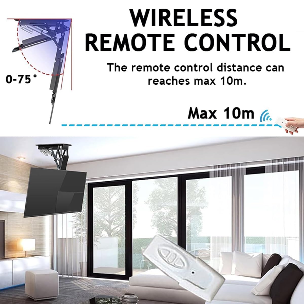 Soporte de TV de Techo eléctrico para Pantallas de 32 a 65 Pulgadas o de 50 a 90 Pulgadas, Soporte de TV de Techo Inclinado motorizado abatible, Ajuste de 0 a 75°, Control Remoto(32-65 Inch)