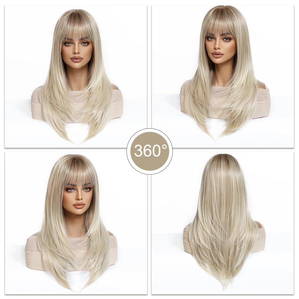Esmee Lunga Liscia Parrucche Bionde per Donne con Frange - Capelli Sintetici Naturali - Parrucca Ombre per Uso Quotidiano e Feste